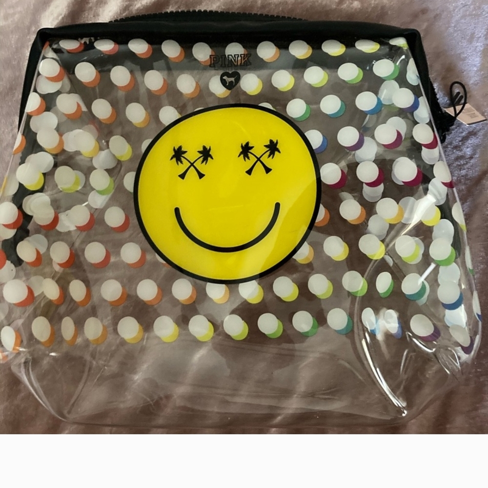 PINK Victoria's Secret White and Yellow Cosmetic Bag with Smiley Face